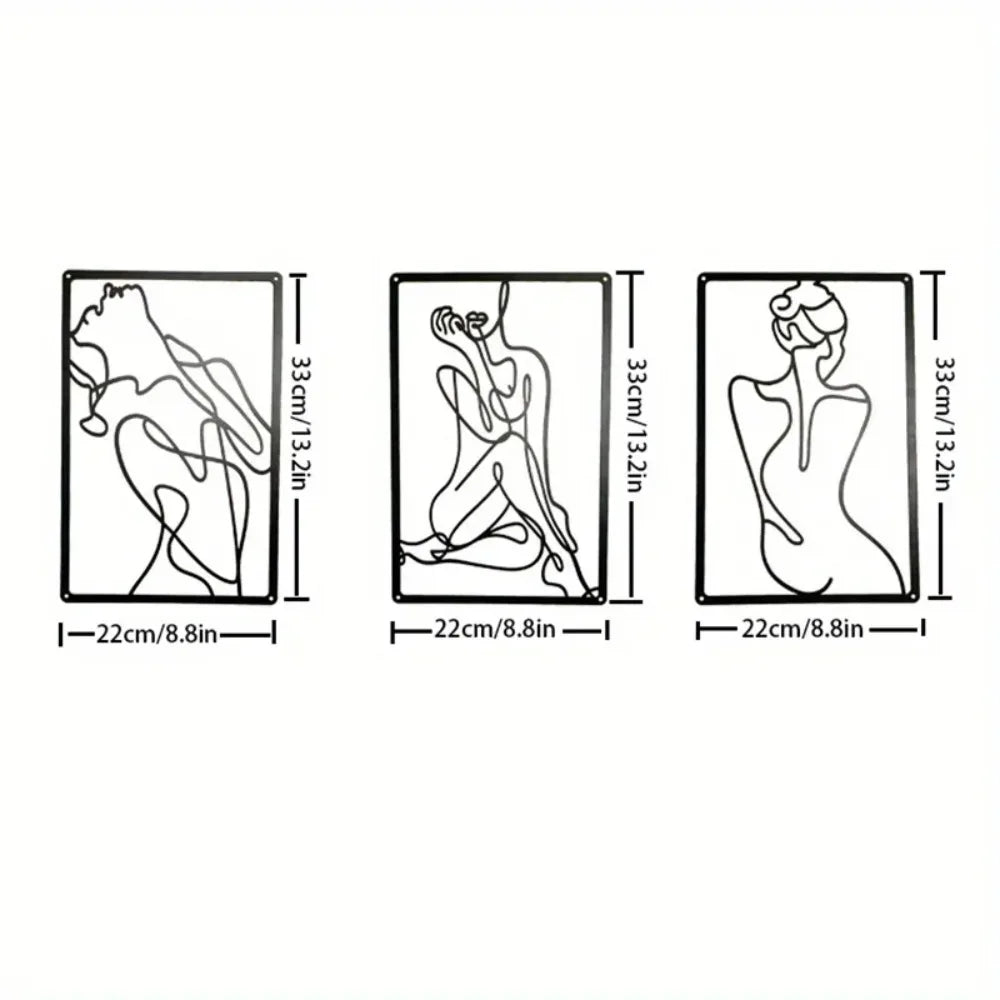 Minimalistische Metalen Wanddecoratie – Abstracte Vrouw Line Art (3-delig)