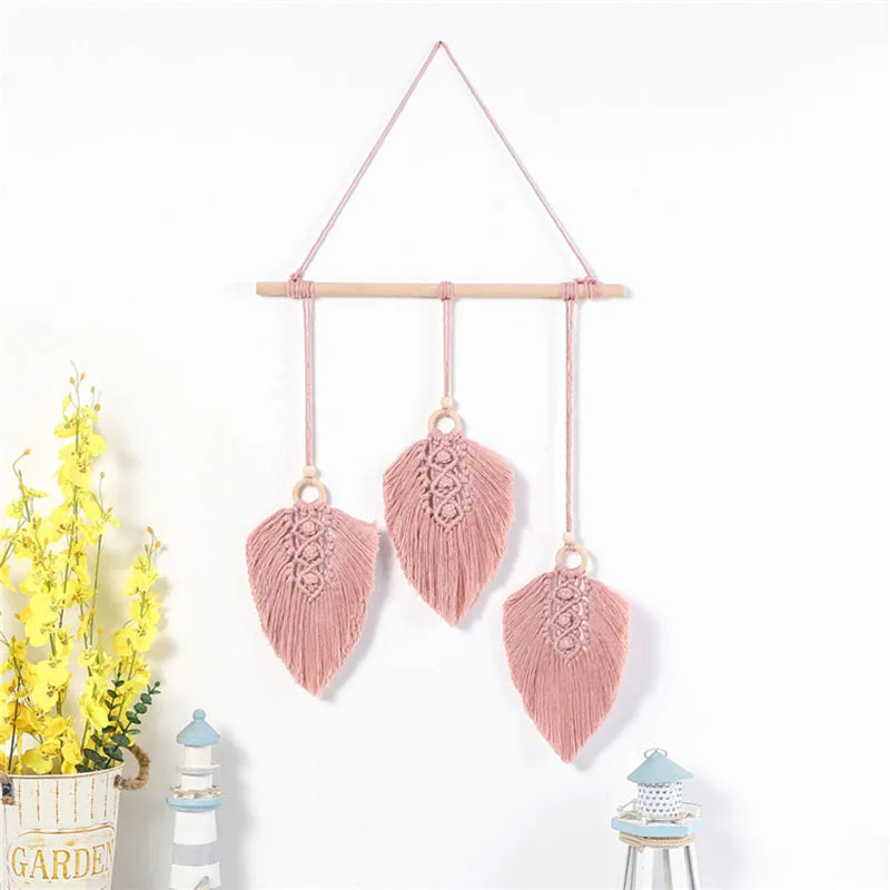 Macramé Wanddecoratie – 3 Bladeren met Kwastje (6 kleuren)