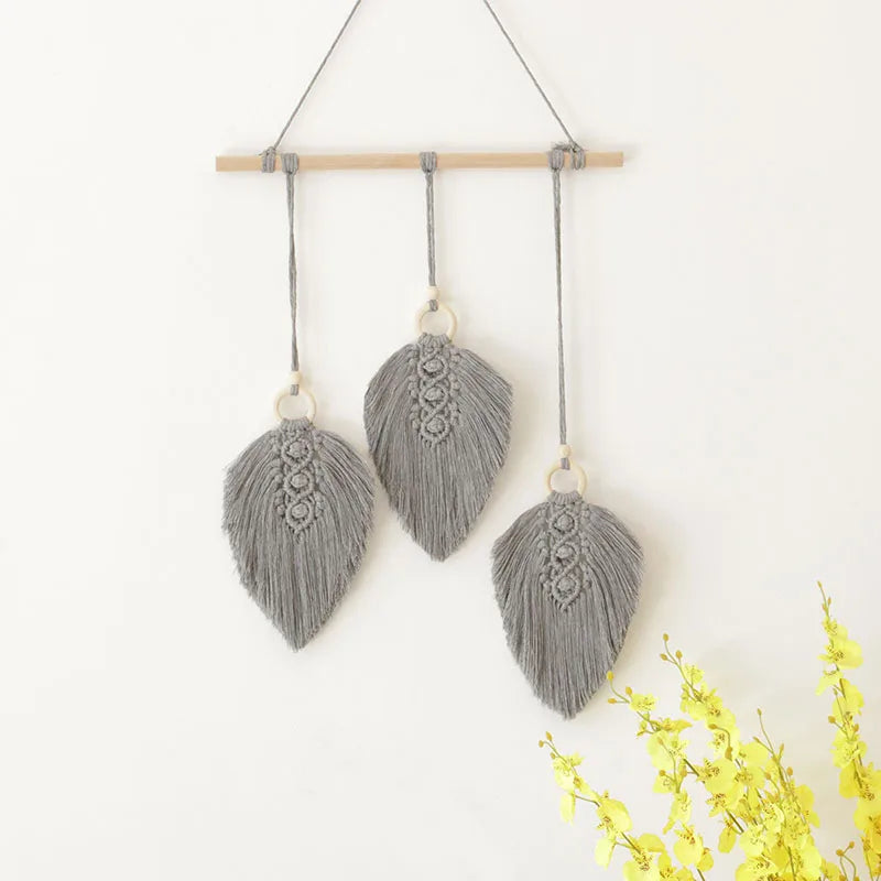 Macramé Wanddecoratie – 3 Bladeren met Kwastje (6 kleuren)