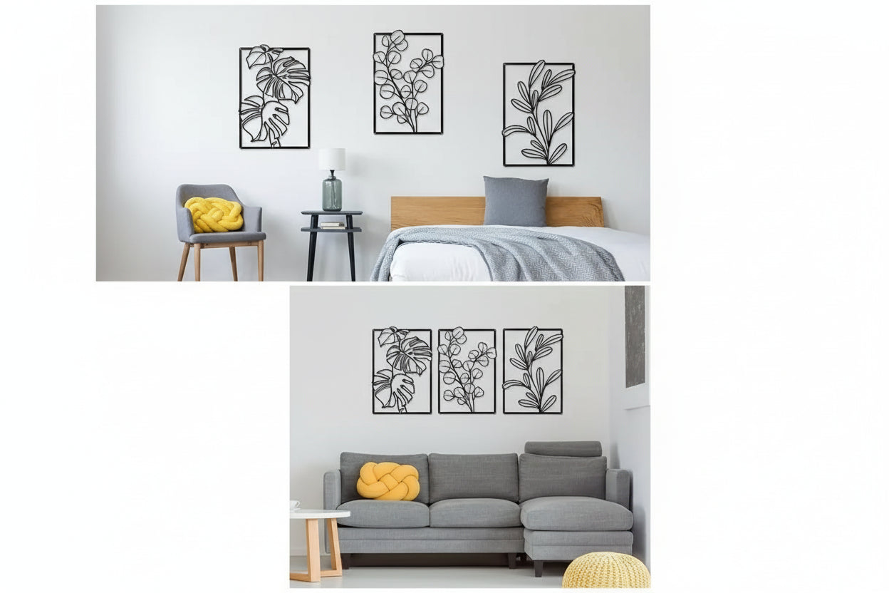 Zwarte Metalen Wanddecoratie – 3-delige Bloem & Blad Set