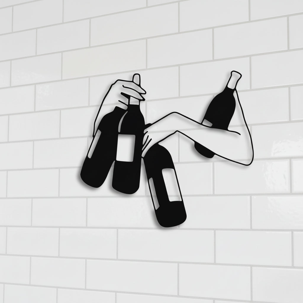 Moderne Metalen Wanddecoratie – Zwarte Silhouet Hand met Wijnflessen