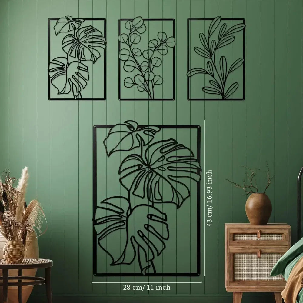 Zwarte Metalen Wanddecoratie – 3-delige Bloem & Blad Set