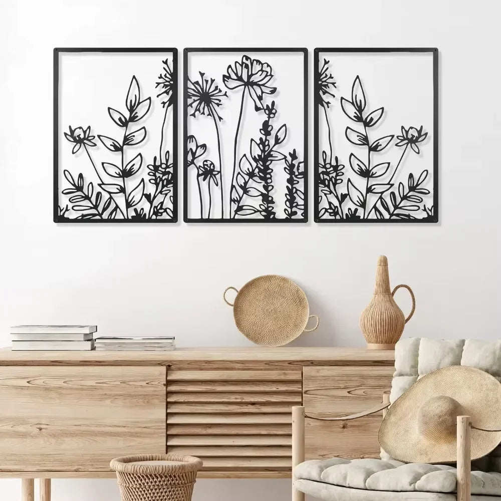 Zwarte Metalen Bloem Wanddecoratie – 3-delige Set (3 varianten)