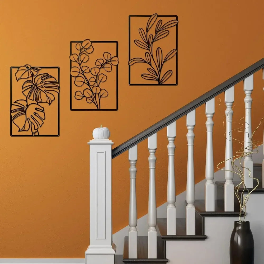 Zwarte Metalen Wanddecoratie – 3-delige Bloem & Blad Set