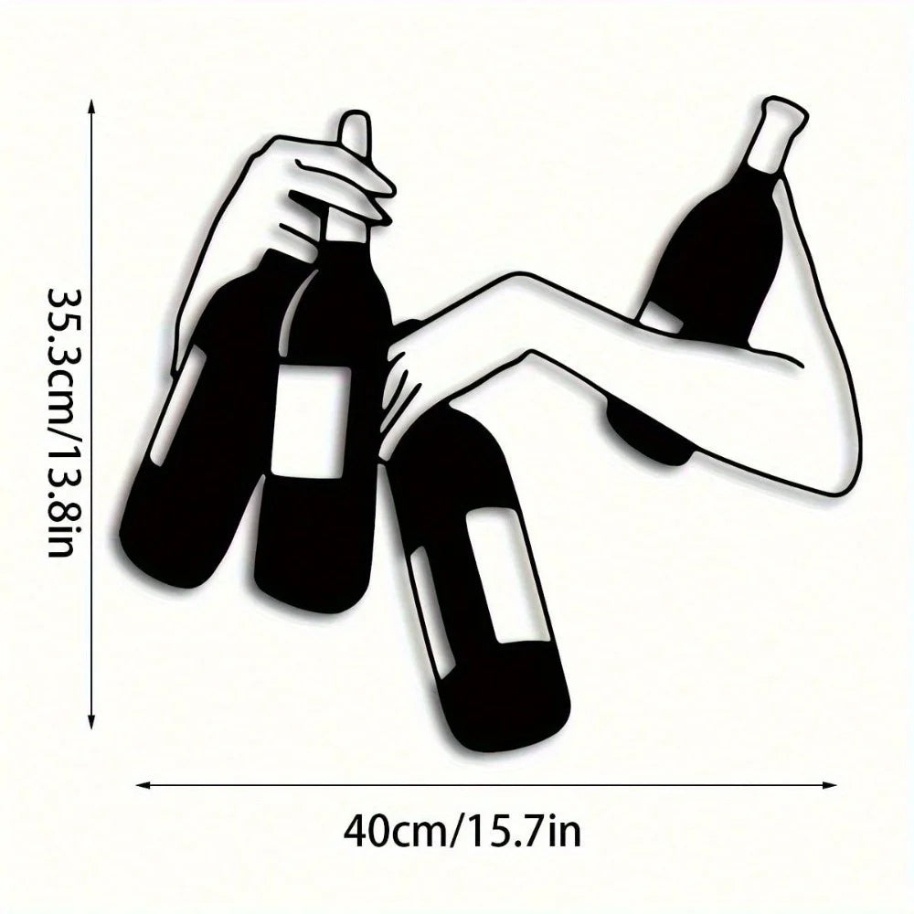 Moderne Metalen Wanddecoratie – Zwarte Silhouet Hand met Wijnflessen