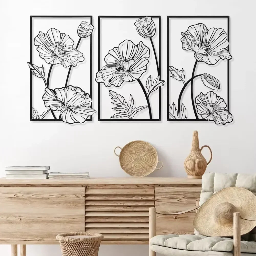 Zwarte Metalen Bloem Wanddecoratie – 3-delige Set (3 varianten)