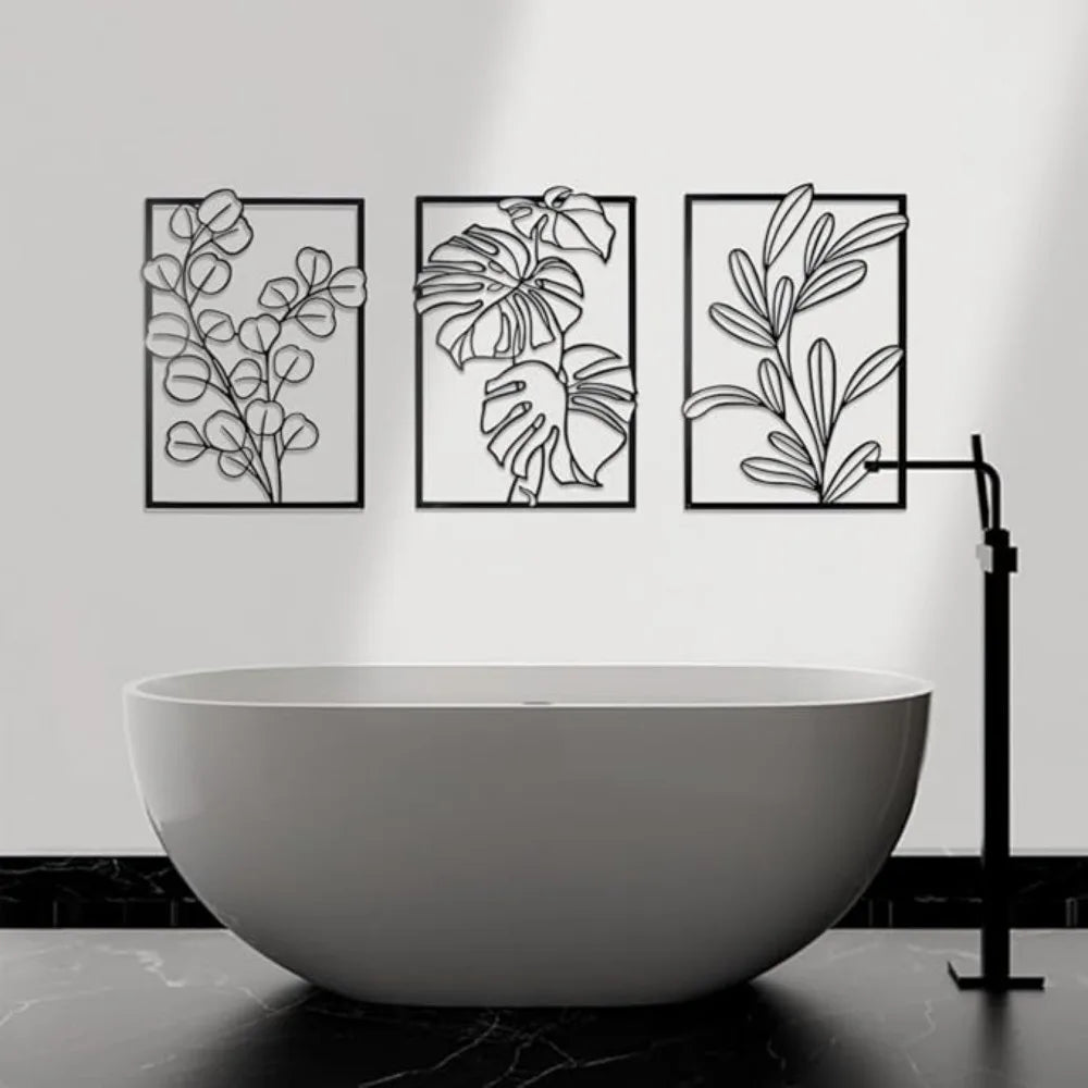 Zwarte Metalen Wanddecoratie – 3-delige Bloem & Blad Set