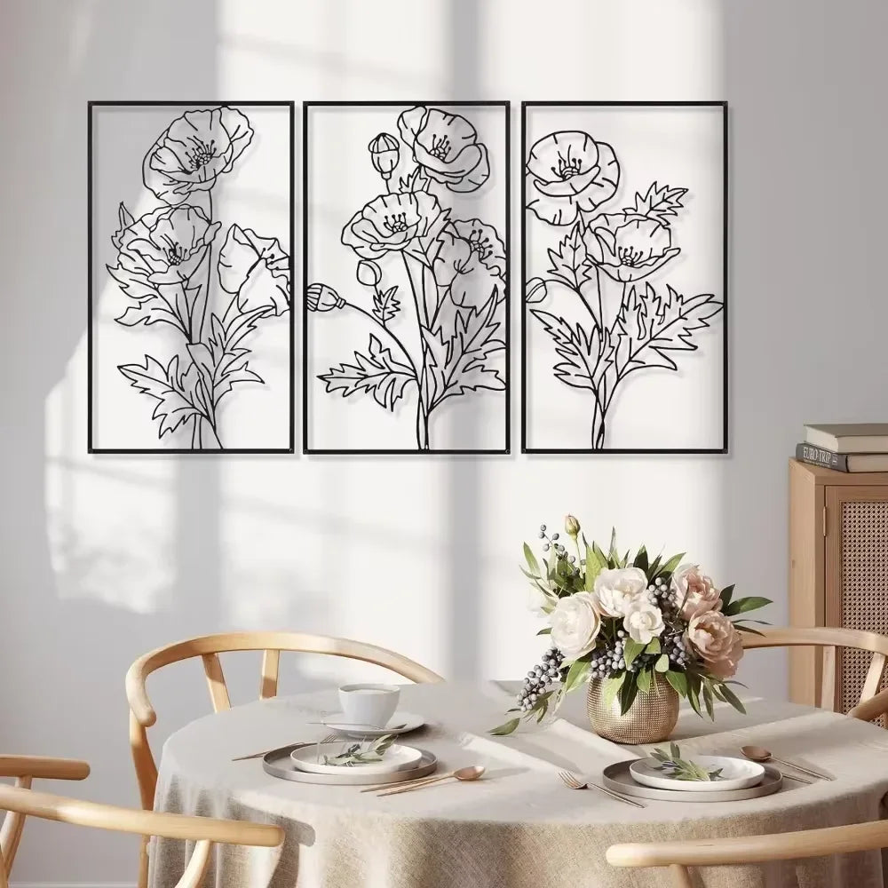 Zwarte Metalen Bloem Wanddecoratie – 3-delige Set (3 varianten)